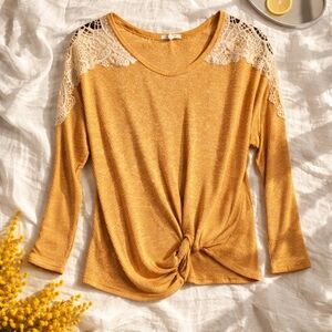 Maurices L Large Harvest Golden Long Sleeve Ribbed Top with Lace Accents